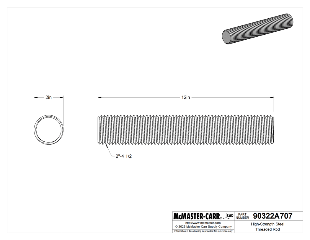 Technical Drawing of High-Strength Steel Threaded Rod, 2"-4-1/2 Thread Size, 1 Foot Long.